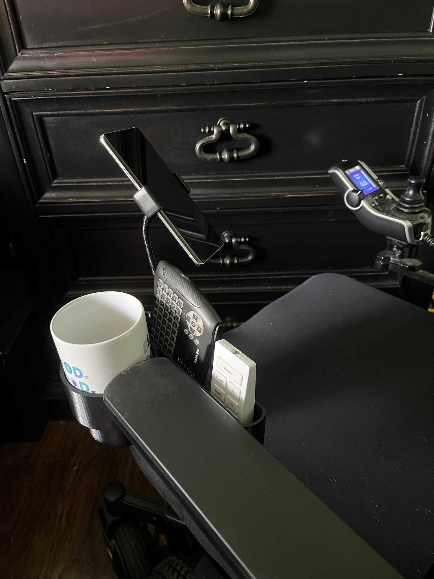 Cup Holder + Phone Holder + Basket Designed For Quantum Power Wheelchair