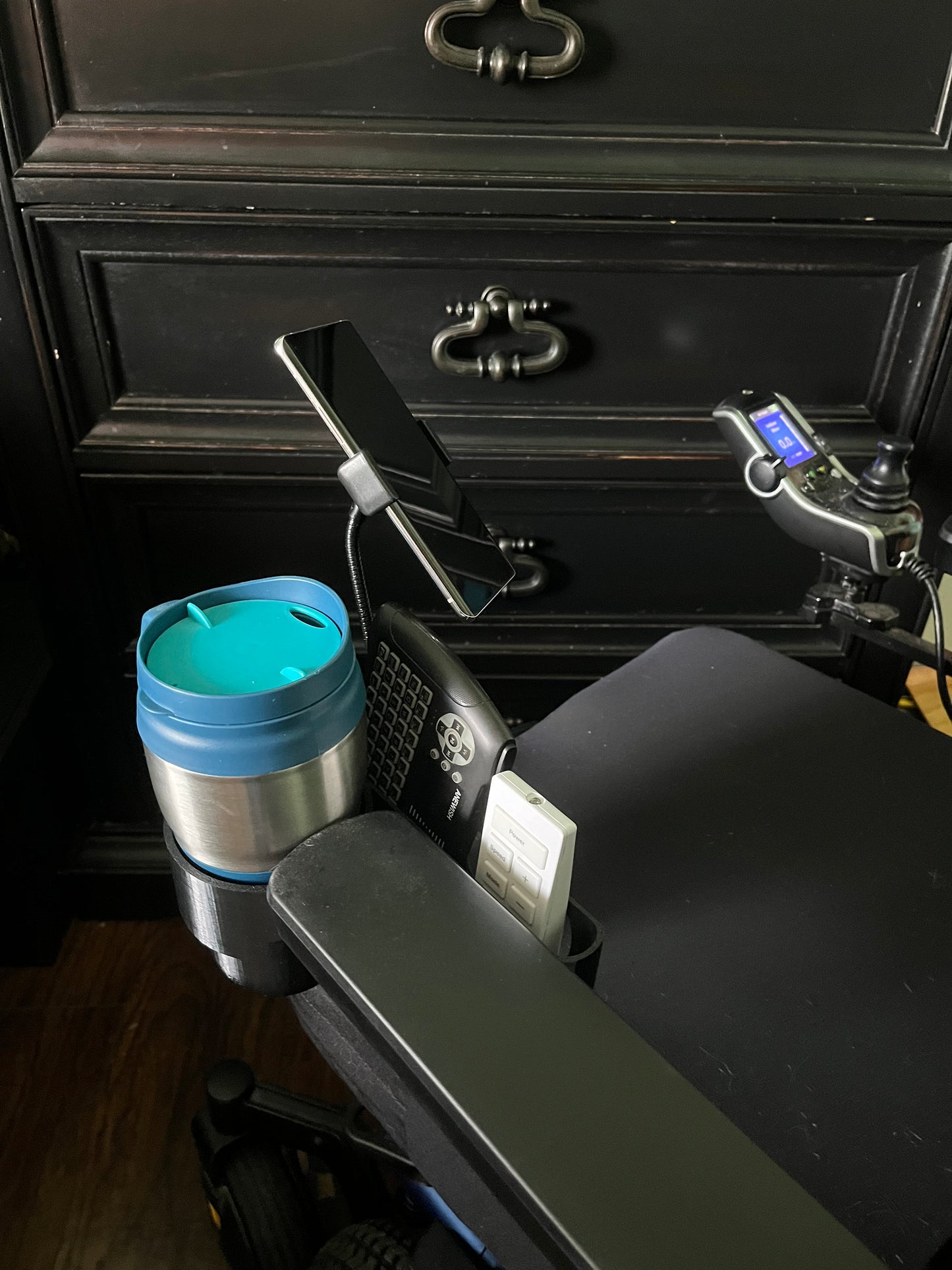 Cup Holder + Phone Holder + Basket Designed For Quantum Power Wheelchair