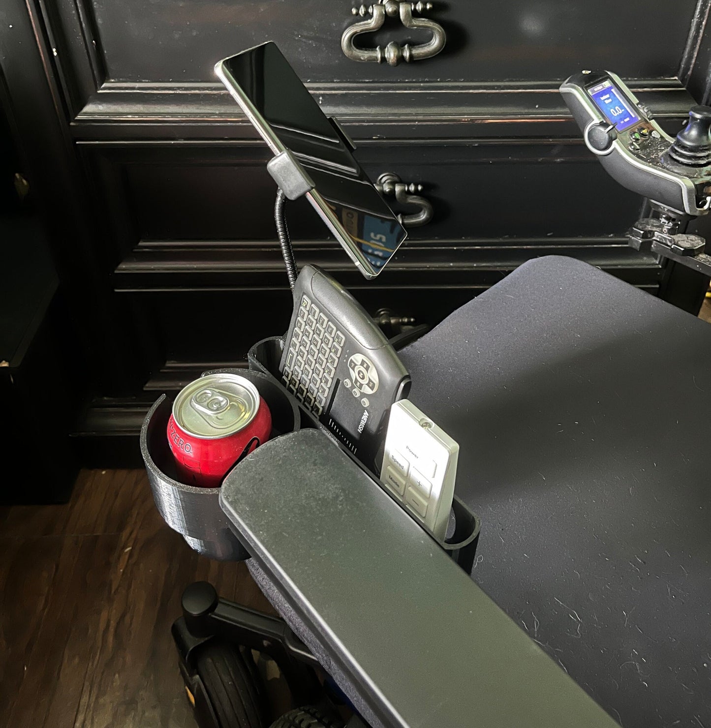 Cup Holder + Phone Holder + Basket Designed For Quantum Power Wheelchair